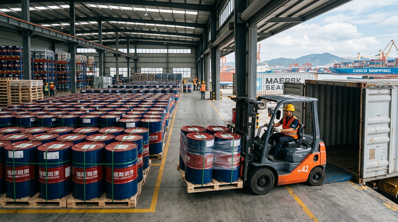 FOSS Lubrication warehouse palletized 208L steel drums and shipping container loading