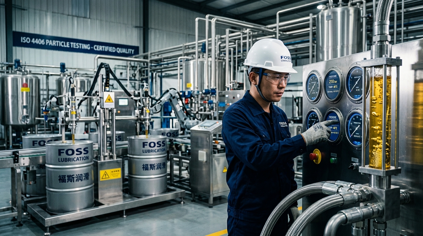 Precision hydraulic oil testing, flow tubes and 208L steel drum filling line at FOSS facility