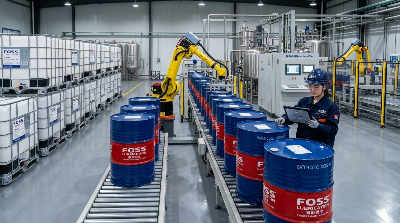 Automated robotic drum filling and labeling line for industrial lubricants and IBC totes